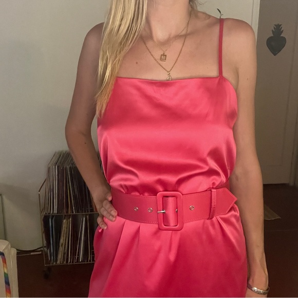 Zara Hot Pink Mod Silky Mini Dress with Belt - Picture 1 of 5